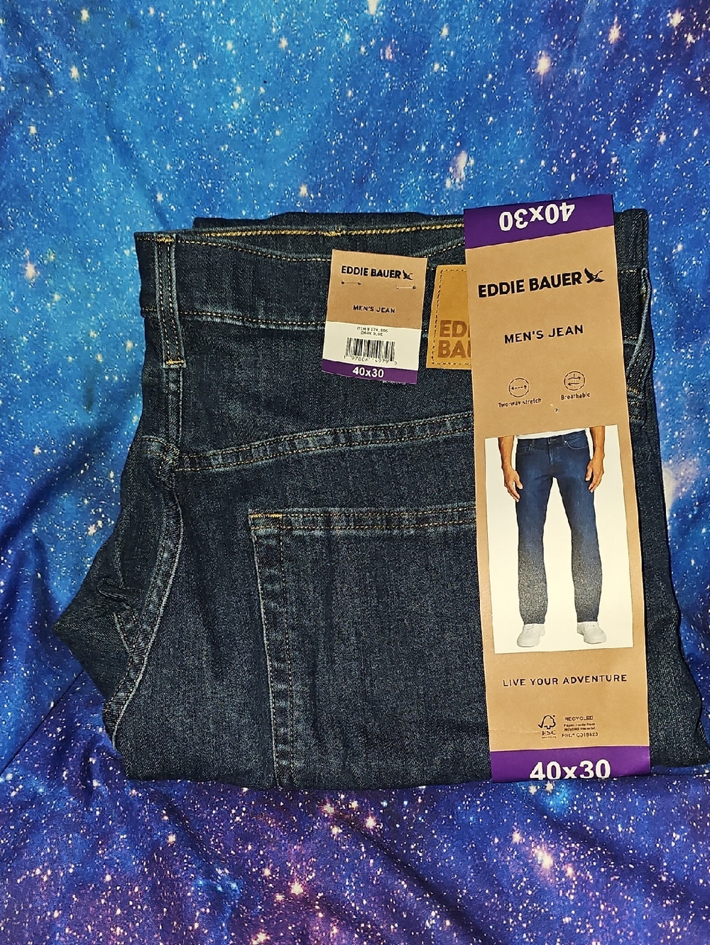 Eddie Bauer Men’s Regular Fit Stretch Jean (Dark Blue, 40W x 30L)